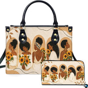 Front studio showcase highlighting five women sunflower sisterhood artwork and companion accessory on pale ground.