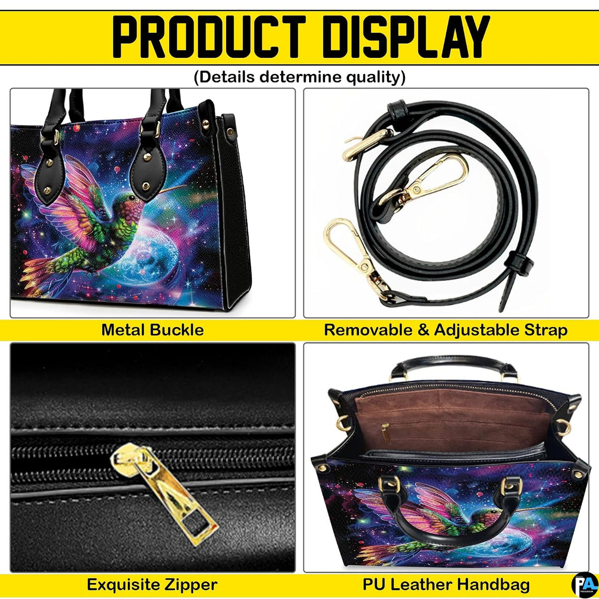 Product display overview detailing removable shoulder strap, zipper detail, and interior layout.