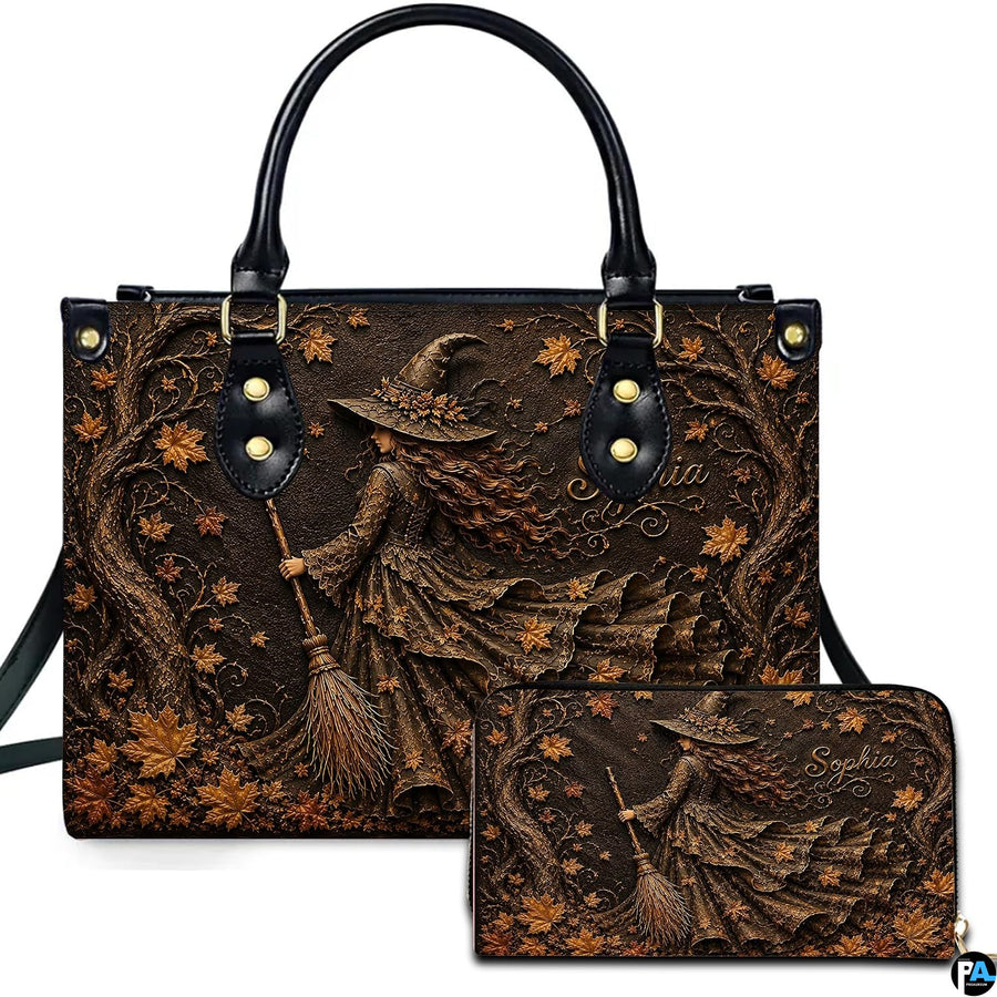 Autumn witch art showing a walking sorceress and swirling leaves presented on an accessory pairing.