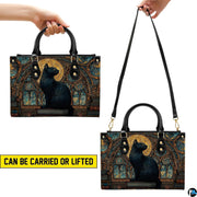 Graphic presentation illustrating dual elevated holding methods for the gothic feline artwork.
