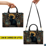 Graphic presentation illustrating dual elevated holding methods for the gothic feline artwork.