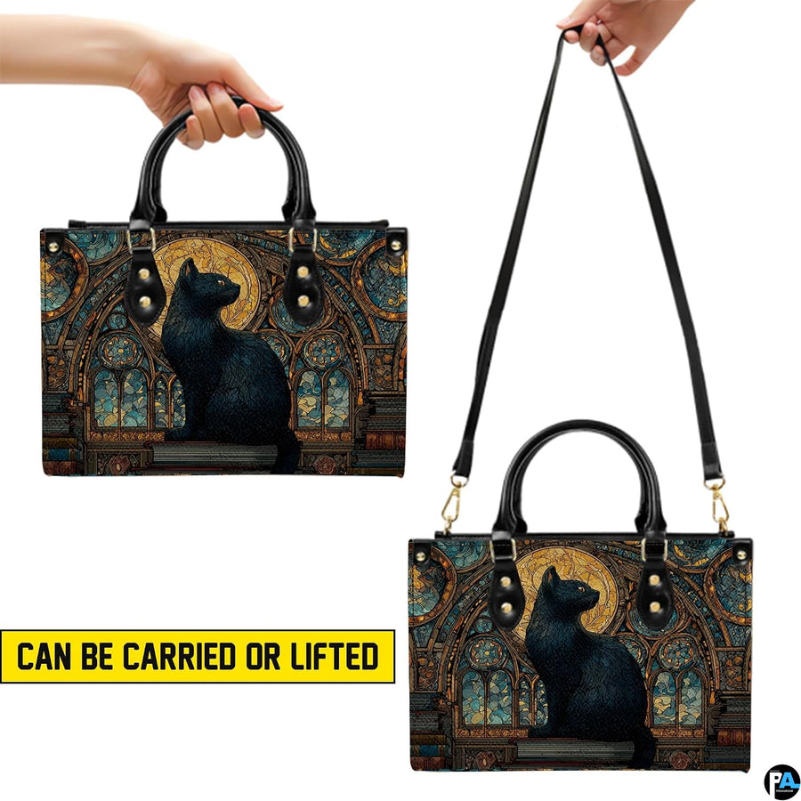 Graphic presentation illustrating dual elevated holding methods for the gothic feline artwork.