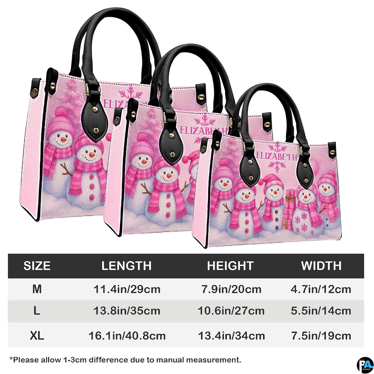 Handbag size guide showing medium, large, and extra-large dimensions with detailed measurement chart.