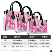 Handbag size guide showing medium, large, and extra-large dimensions with detailed measurement chart.