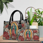 Matching handbag and zippered wallet set displayed together with Guadalupe art.