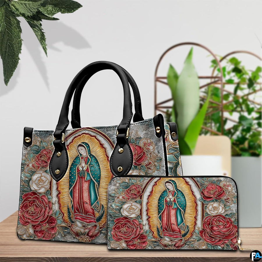 Matching handbag and zippered wallet set displayed together with Guadalupe art.