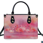 Angled display highlighting the serene pastel wading flamingos artwork.