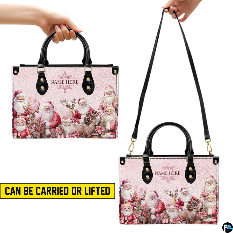 Demonstration of handbag carried by dual black top handles and worn across the shoulder.