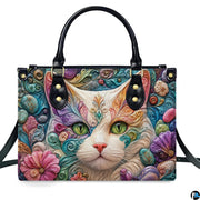 Front studio shot of white cat emerald eyes and sculpted filigree, flowers, and pebbles.