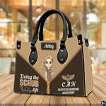Chibi nursing assistant handbag shown on wooden tabletop with cafe background lighting.