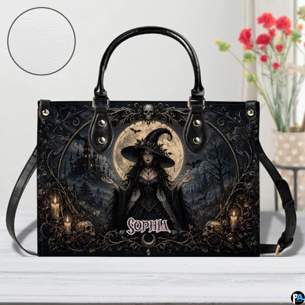 Personalized Witch Handbag with Purse, Custom Name Gothic Leather Bag Set for Women, Halloween Shoulder Bag, Witch Gift