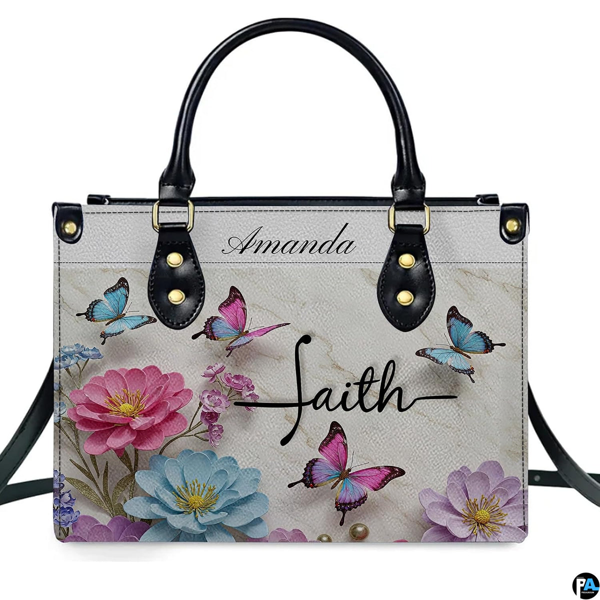 Alternative angle view showing floral butterfly handbag and wallet matching pair