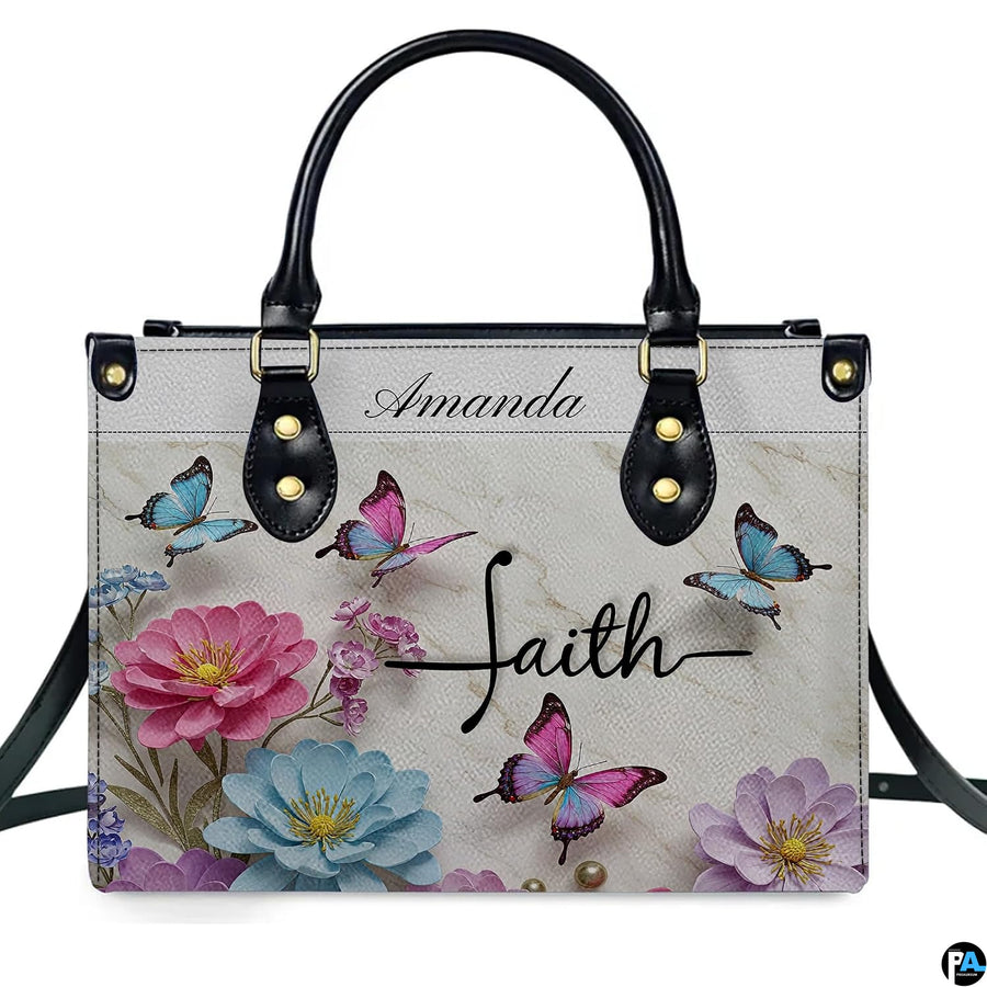Alternative angle view showing floral butterfly handbag and wallet matching pair