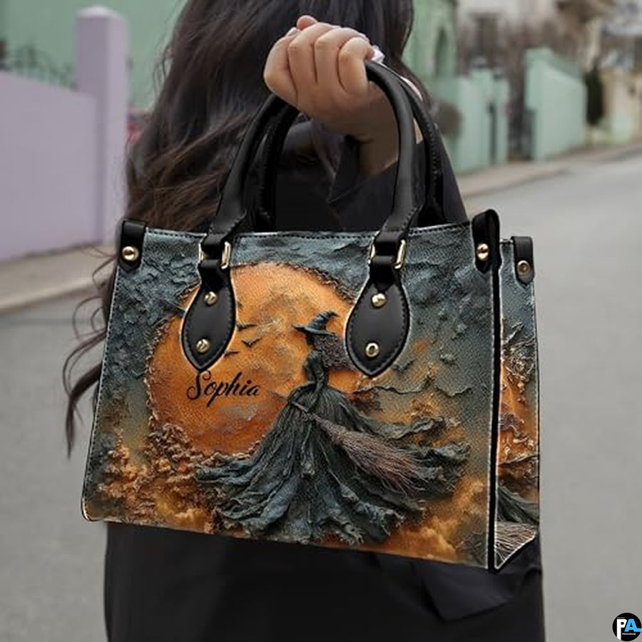 Personalized Halloween Leather Handbag – Custom Witch 3D Printing Effect Purses For Women – Spooky Gothic Shoulder Bag