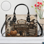 Detailed spooky autumn art graphic print highlighting a smiling phantom holding a golden lantern under a full moon.