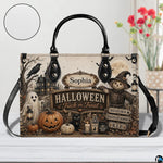 Detailed spooky autumn art graphic print highlighting a smiling phantom holding a golden lantern under a full moon.