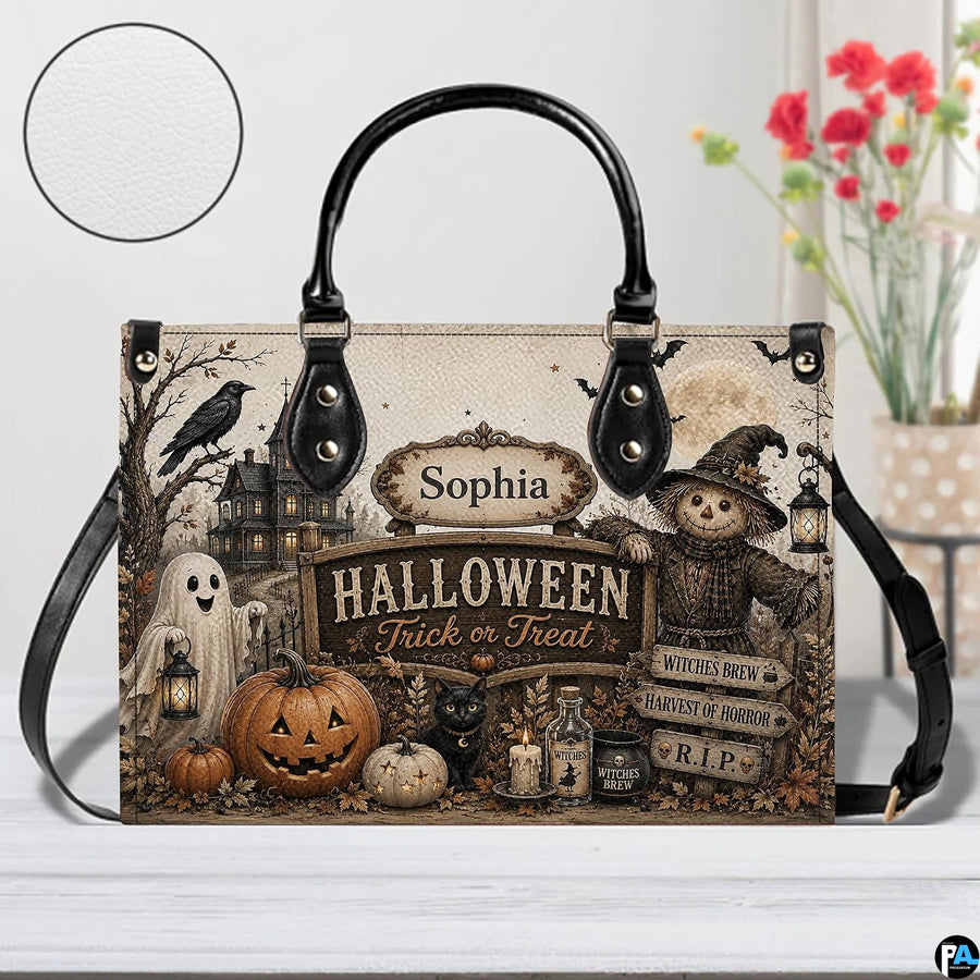 Detailed spooky autumn art graphic print highlighting a smiling phantom holding a golden lantern under a full moon.