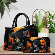 Sugar skull witch handbag on white table beside floral bouquet with texture swatch inset.