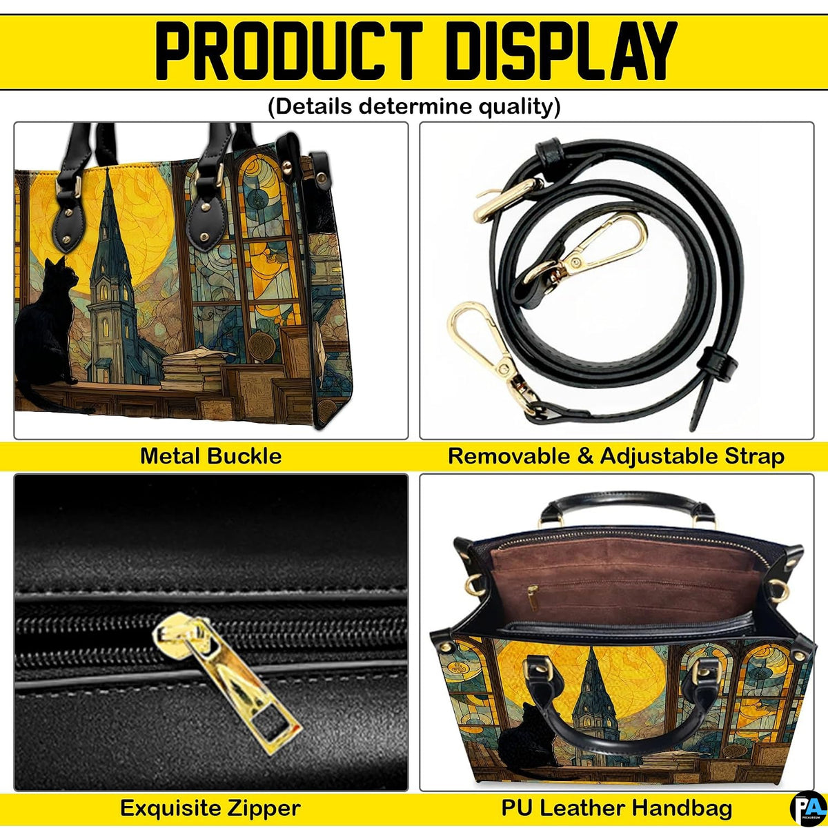 Four-panel layout presenting close-up visual accents of the stained glass cat painting.