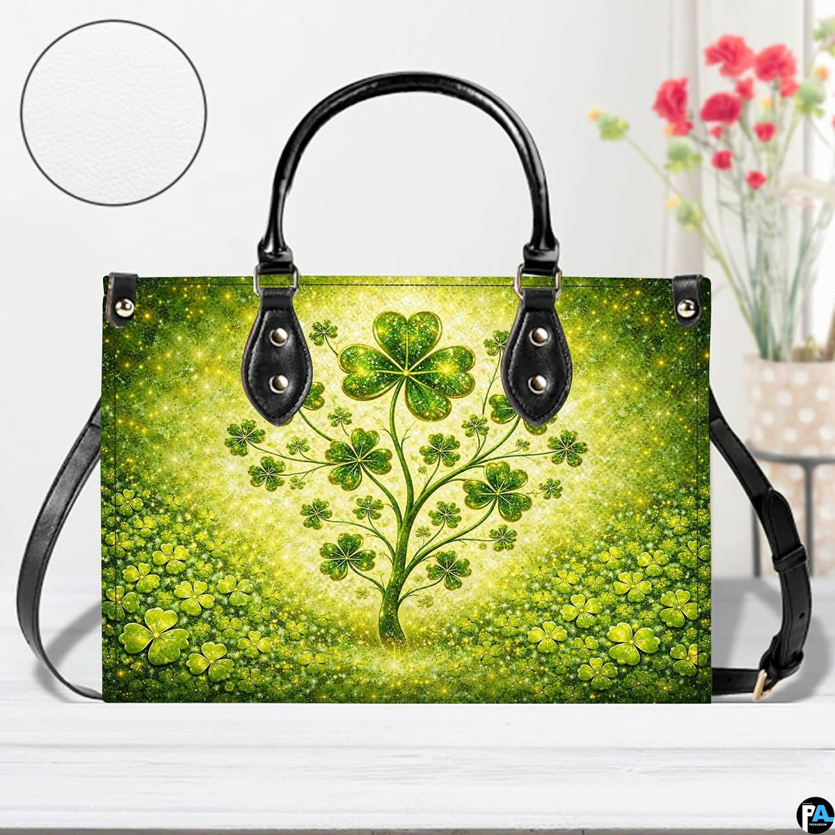 Front view of luminous green clover tree handbag