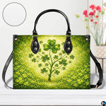 Front view of luminous green clover tree handbag