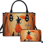 Studio presentation showing dual pieces decorated with the autumn witch and black cat scene.