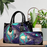 Angled tabletop presentation featuring the stained glass sorceress illustration on coordinated accessory surfaces.