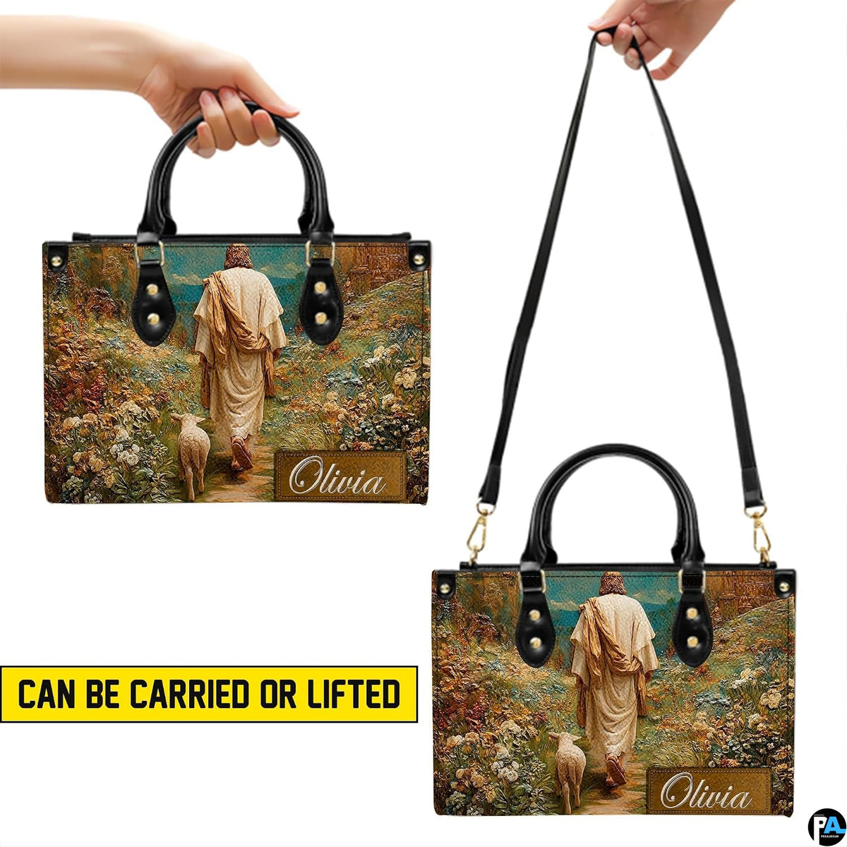 Close-up front view of handbag showing shepherd, lamb, and impressionist wildflowers