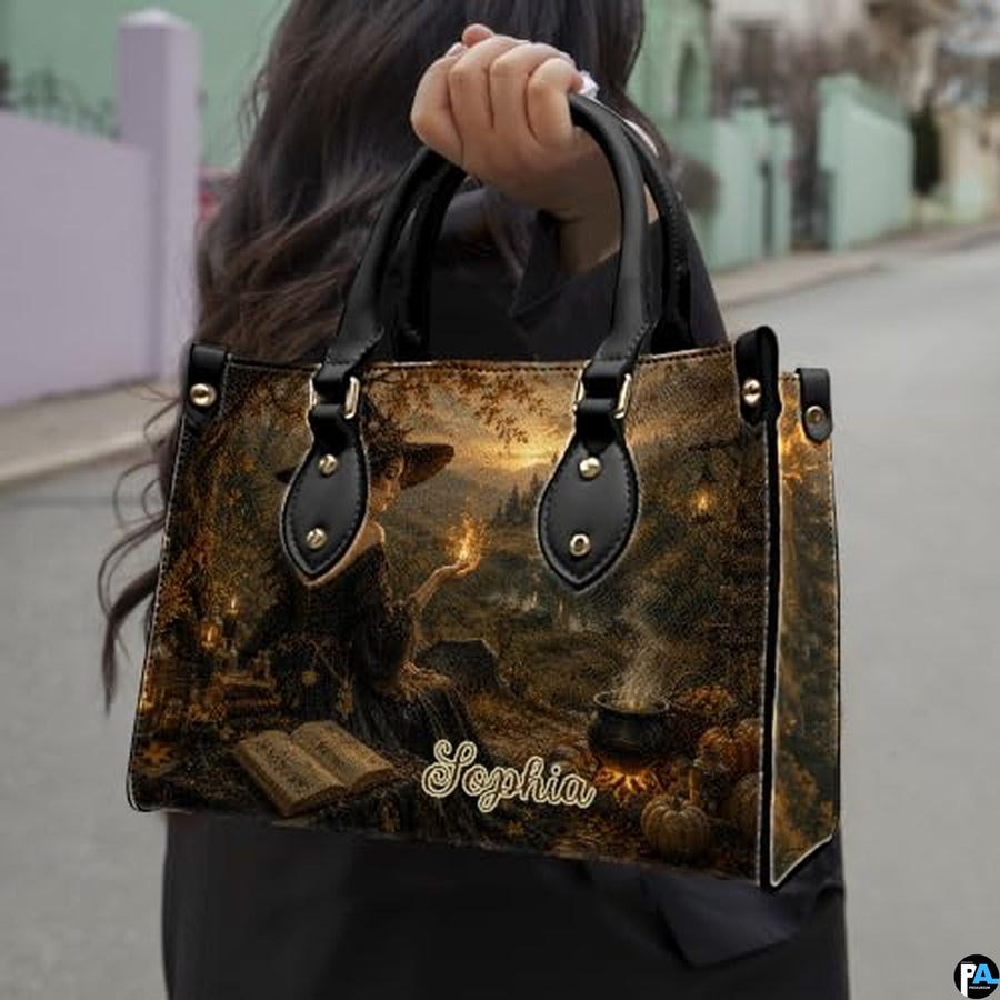 Personalized Witch Handbag with Purse, Custom Name Gothic Leather Bag Set for Women, Halloween Shoulder Bag, Witch Gift