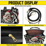 Product display overview showing handles, shoulder strap, zipper detail, and interior structure