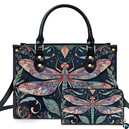 Art Nouveau dragonfly handbag and wallet set displayed together on white background