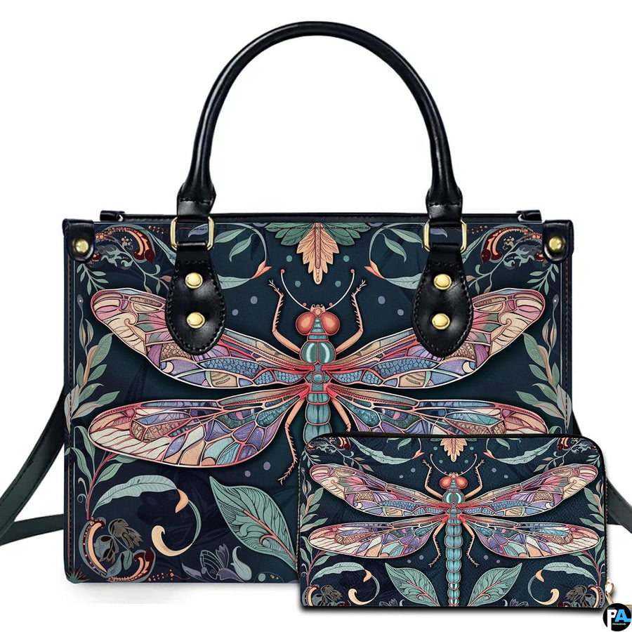 Art Nouveau dragonfly handbag and wallet set displayed together on white background