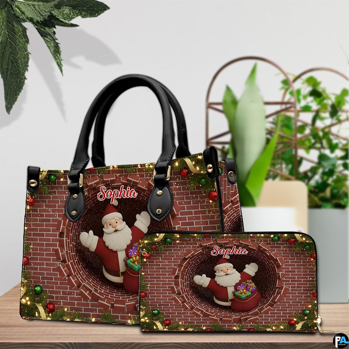 Infographic displaying hardware fixtures, carrying straps, and zipper detailing of Christmas handbag.
