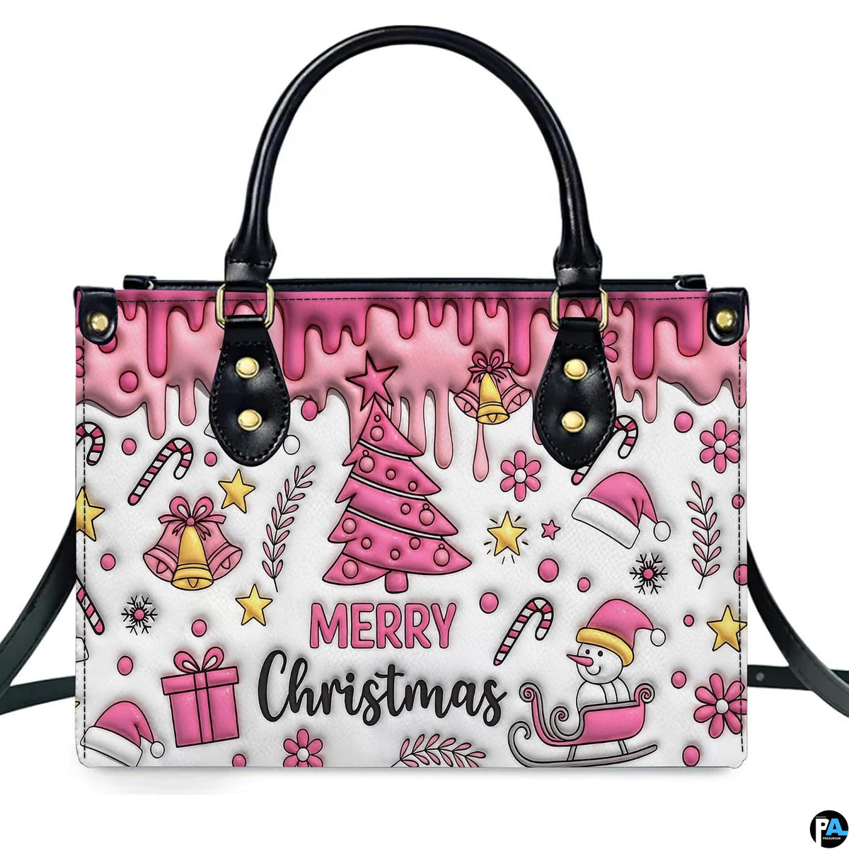 Centered studio portrait featuring stylized pink holiday tree, golden bells, gift box, and snowman.