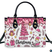 Centered studio portrait featuring stylized pink holiday tree, golden bells, gift box, and snowman.