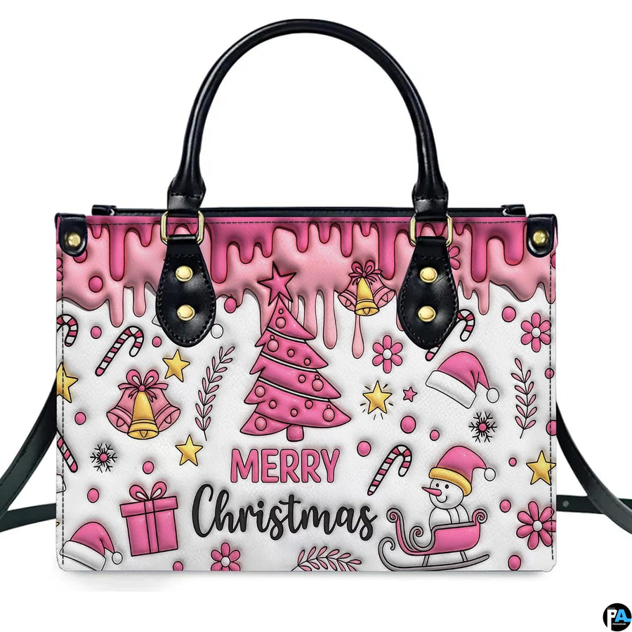 Centered studio portrait featuring stylized pink holiday tree, golden bells, gift box, and snowman.