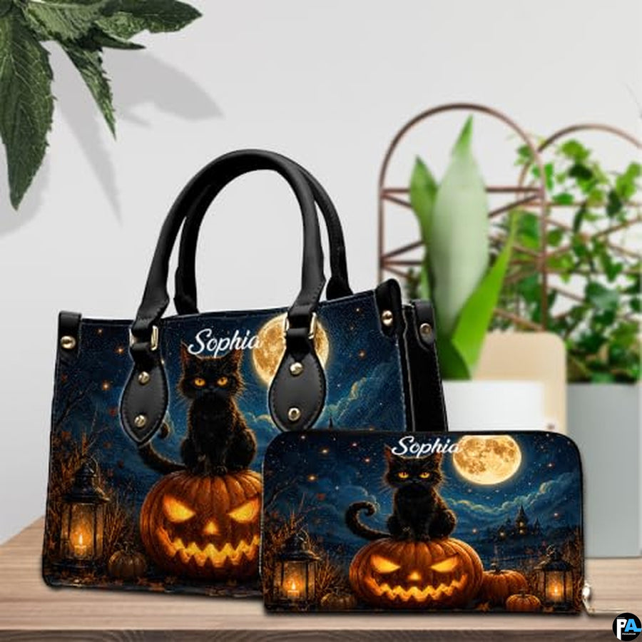 Black Cat Leather Bag – Vintage Cat Art Handbag, Stylish Animal-Themed Purse, Unique Gift for Cat Lovers