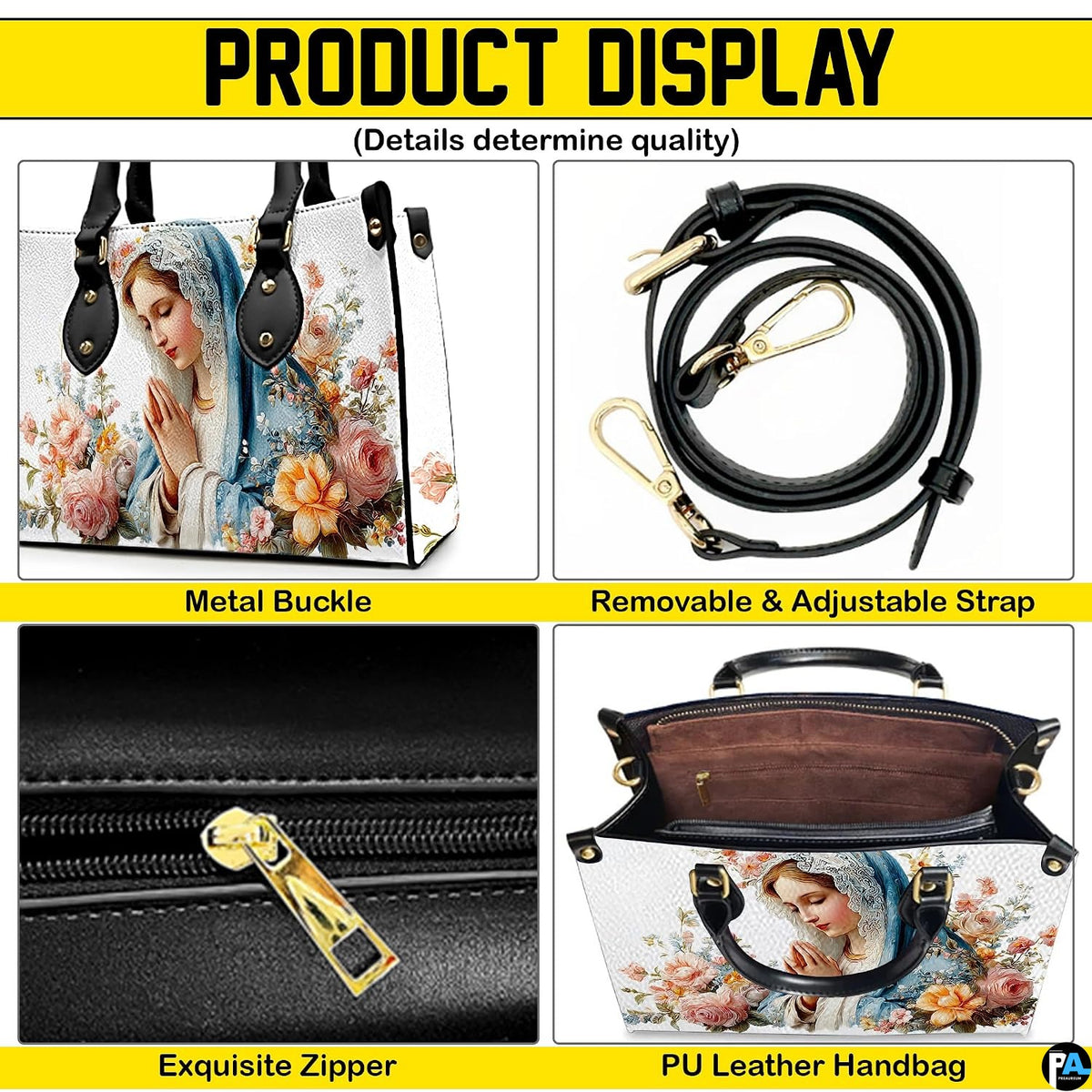 Feature overview highlighting structure, zipper closure, and removable strap.