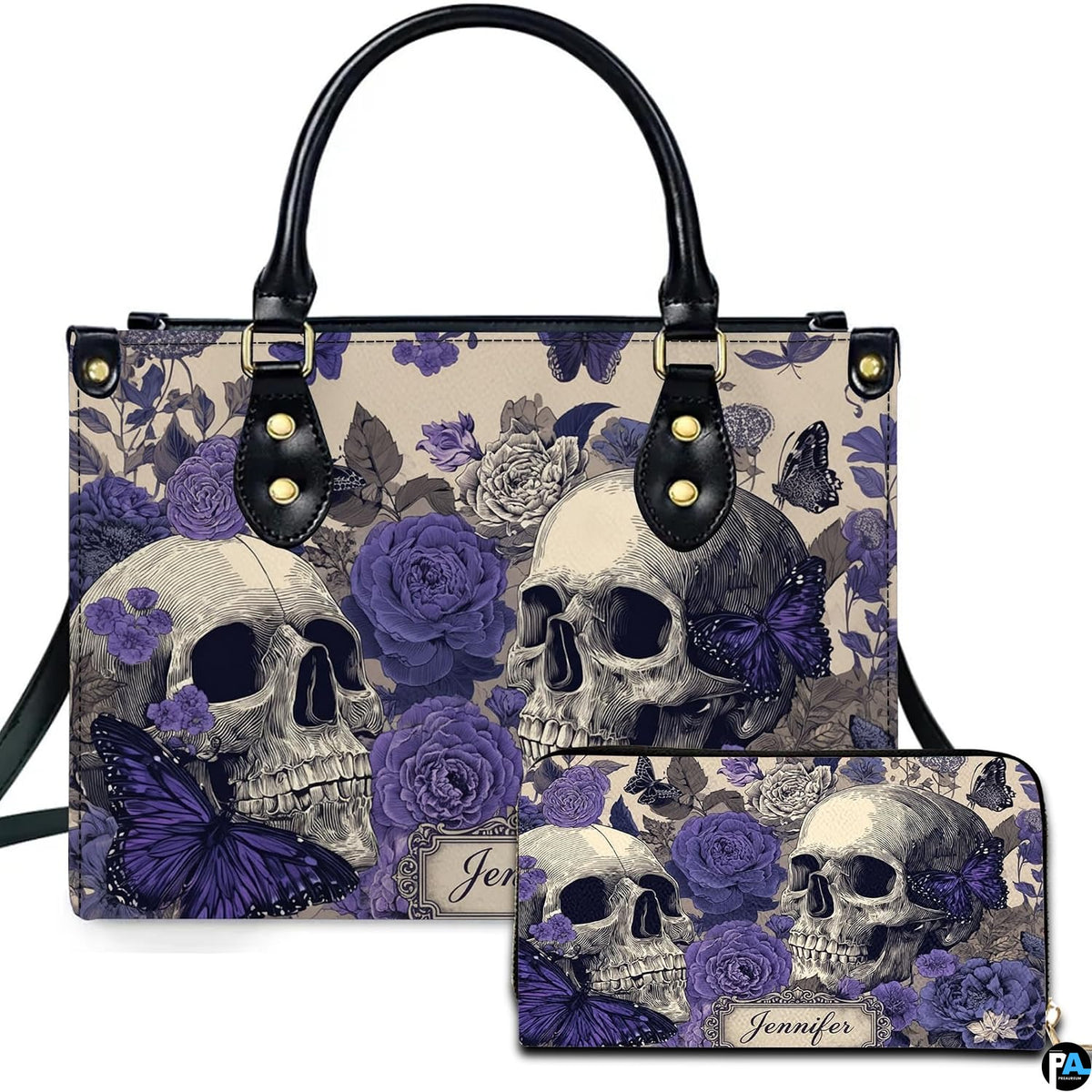 Gothic violet rose skull butterfly handbag and matching wallet set on white background.