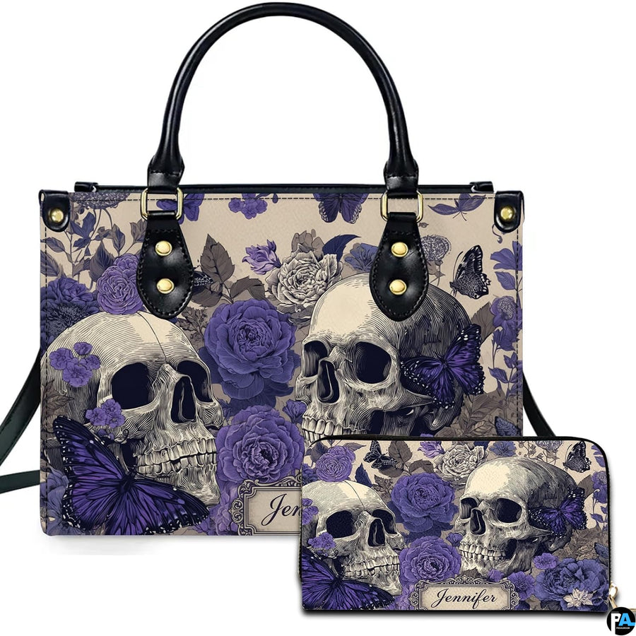 Gothic violet rose skull butterfly handbag and matching wallet set on white background.