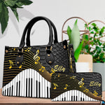 Pair showcase featuring wave piano artwork placed on wooden counter beside indoor greenery.