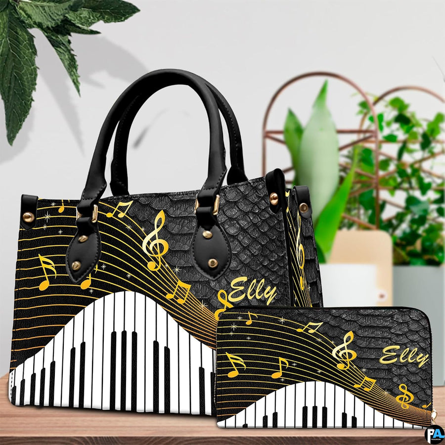Pair showcase featuring wave piano artwork placed on wooden counter beside indoor greenery.