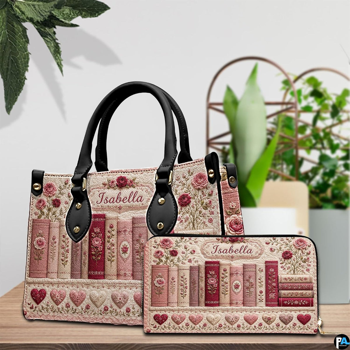 Lifestyle scale display presenting the relative proportions of the floral book handbag and wallet set.
