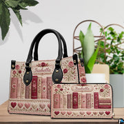 Lifestyle scale display presenting the relative proportions of the floral book handbag and wallet set.
