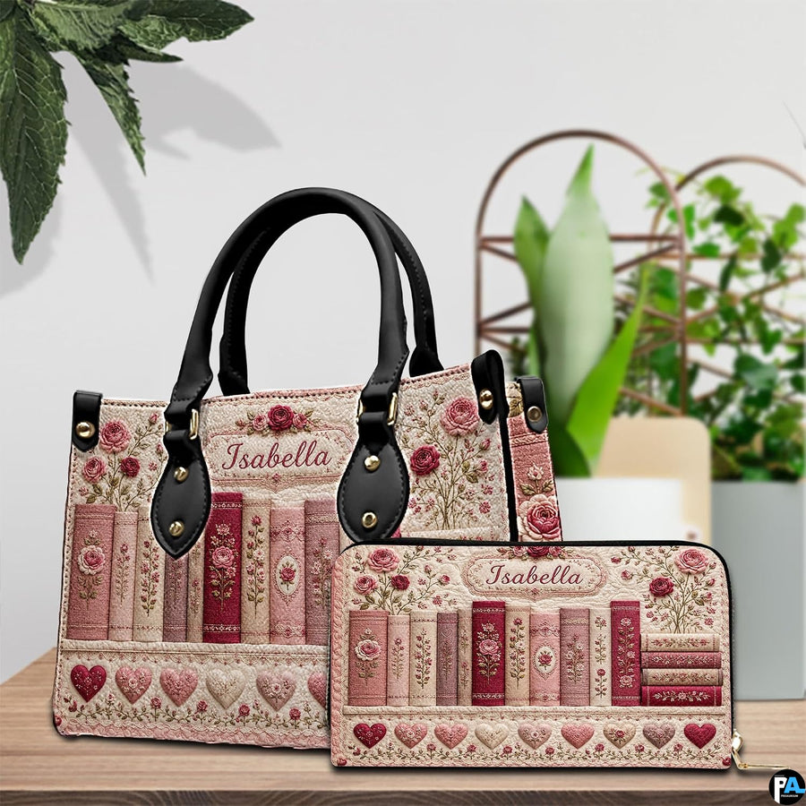 Lifestyle scale display presenting the relative proportions of the floral book handbag and wallet set.