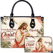 Christian Good Shepherd Jesus handbag and matching wallet set on white background.
