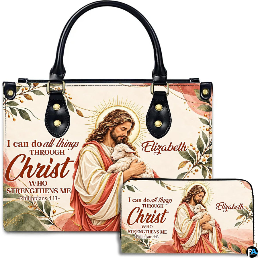 Christian Good Shepherd Jesus handbag and matching wallet set on white background.