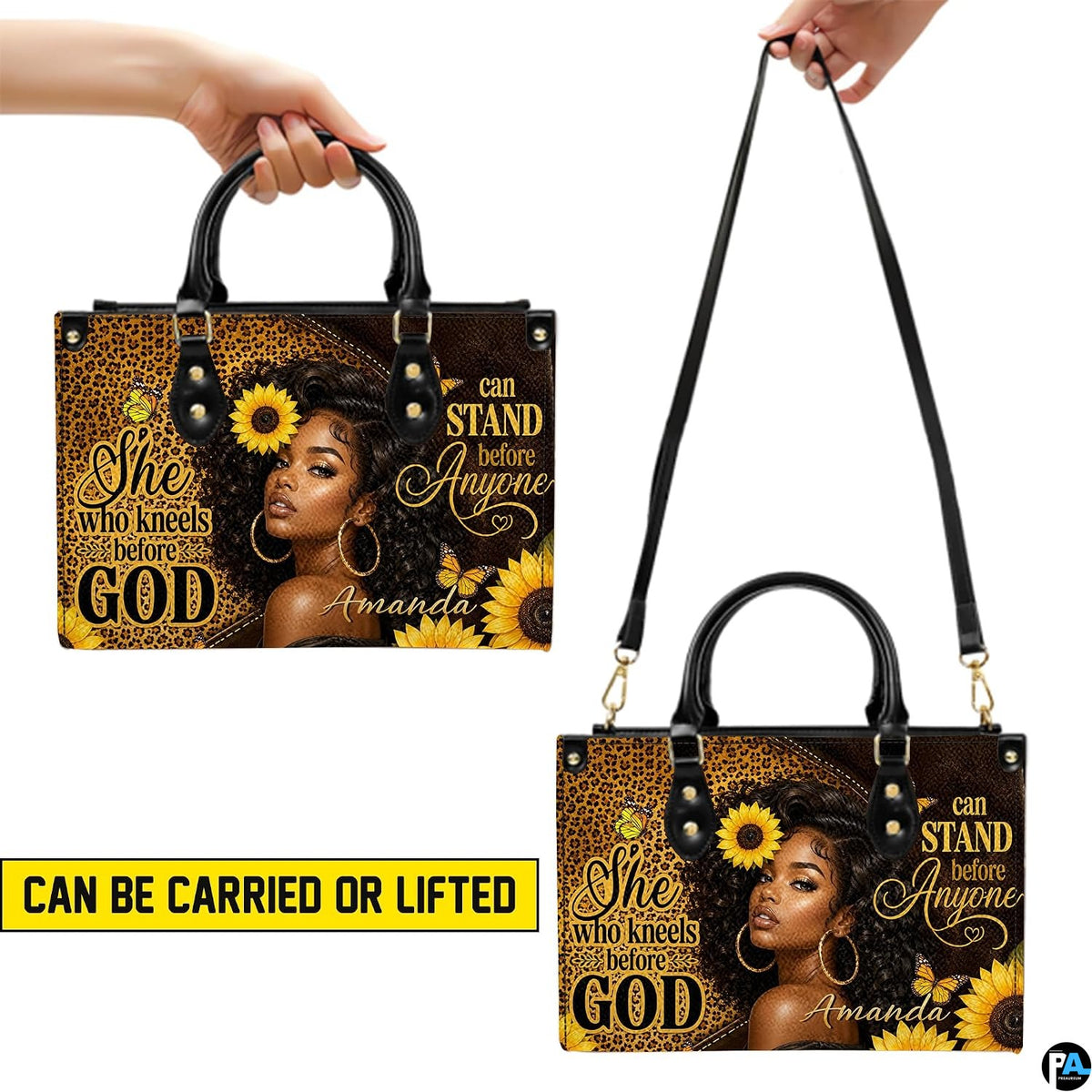 Visual demonstration displaying dual carrying positions of the faith sunflower illustration.