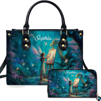 Front view showing winged fairy artist painting an emerald dragon beside luminous forest flora