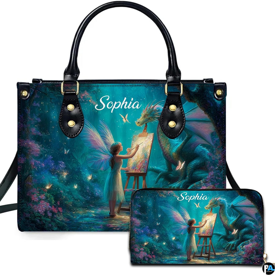 Front view showing winged fairy artist painting an emerald dragon beside luminous forest flora